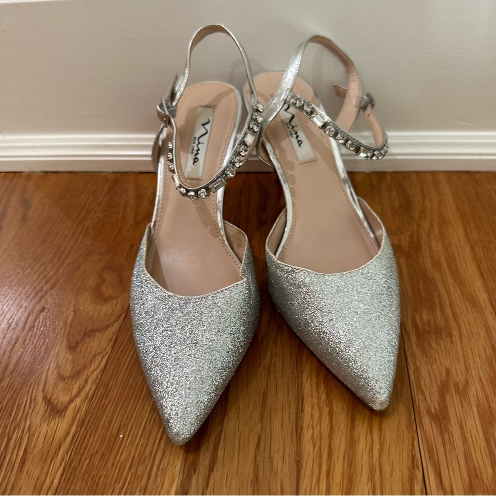 Nina Silver Sparkly Heels with Sequin Straps — Size 8.5